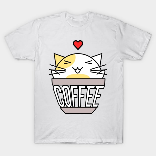 Happy cat in coffee cup with warped text heart on head yellow T-Shirt by coffeewithkitty